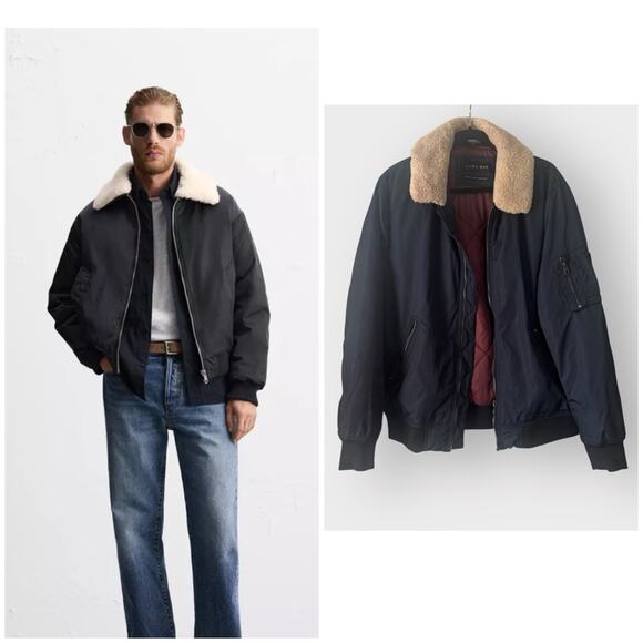 Zara Other - Zara Man navy blue bomber jacket with removable Sherpa collar, XL